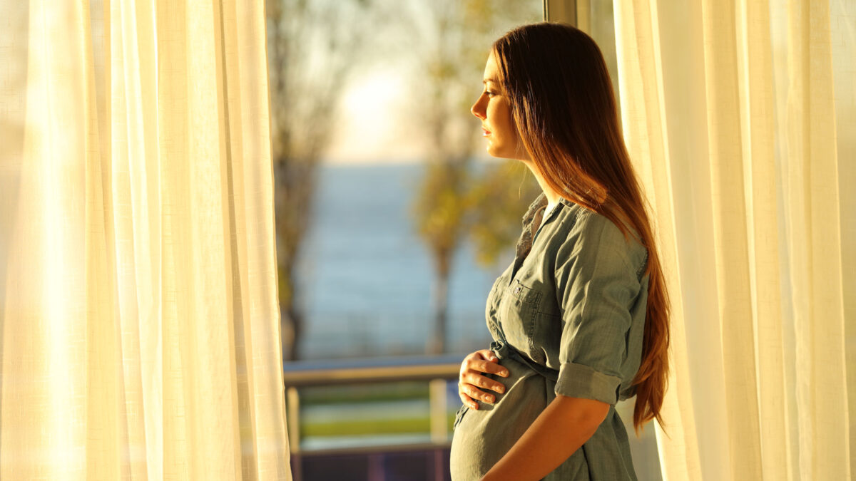 a pregnant woman looking out the window